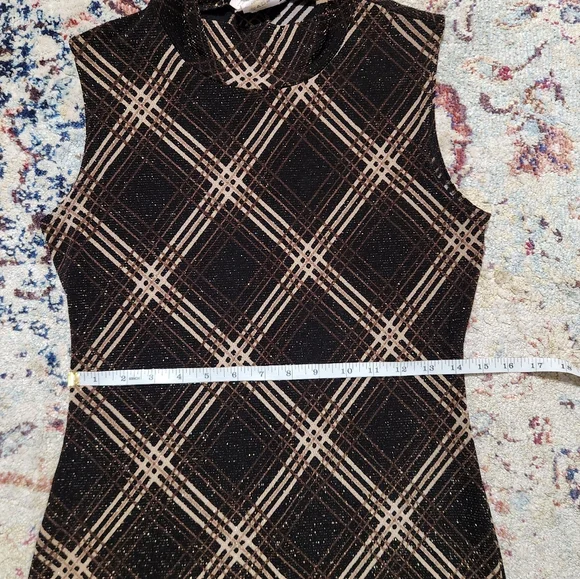 90s Y2K G.A.S. Metallic Plaid Brown Mockneck Mini Dress Size Medium - Picture 11 of 12